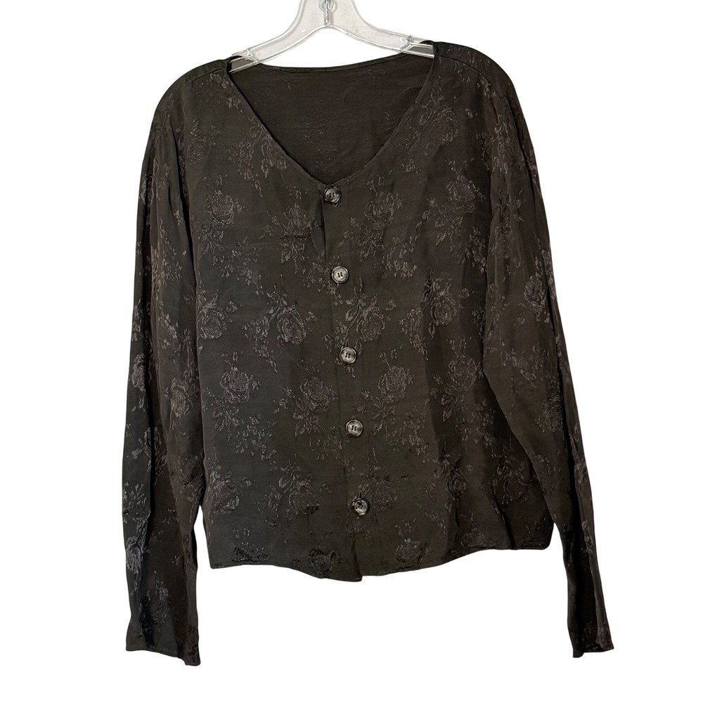 CP Shades Floral Jacquard V-Neck Top Rayon Gray Long Sleeve Lagenlook - Medium